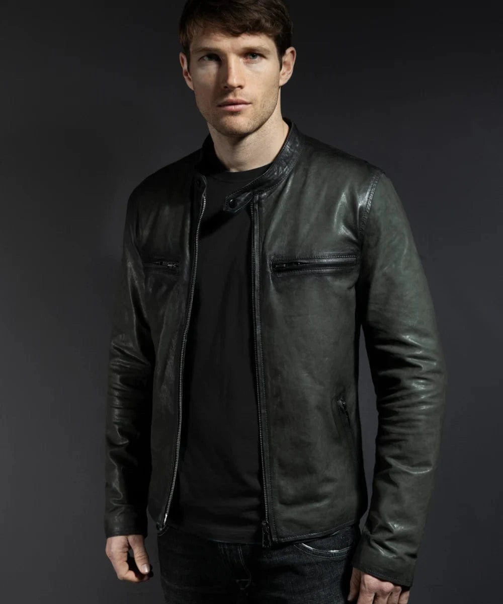 Model wearing grey cafe racer leather jacket with zip front and stand collar
