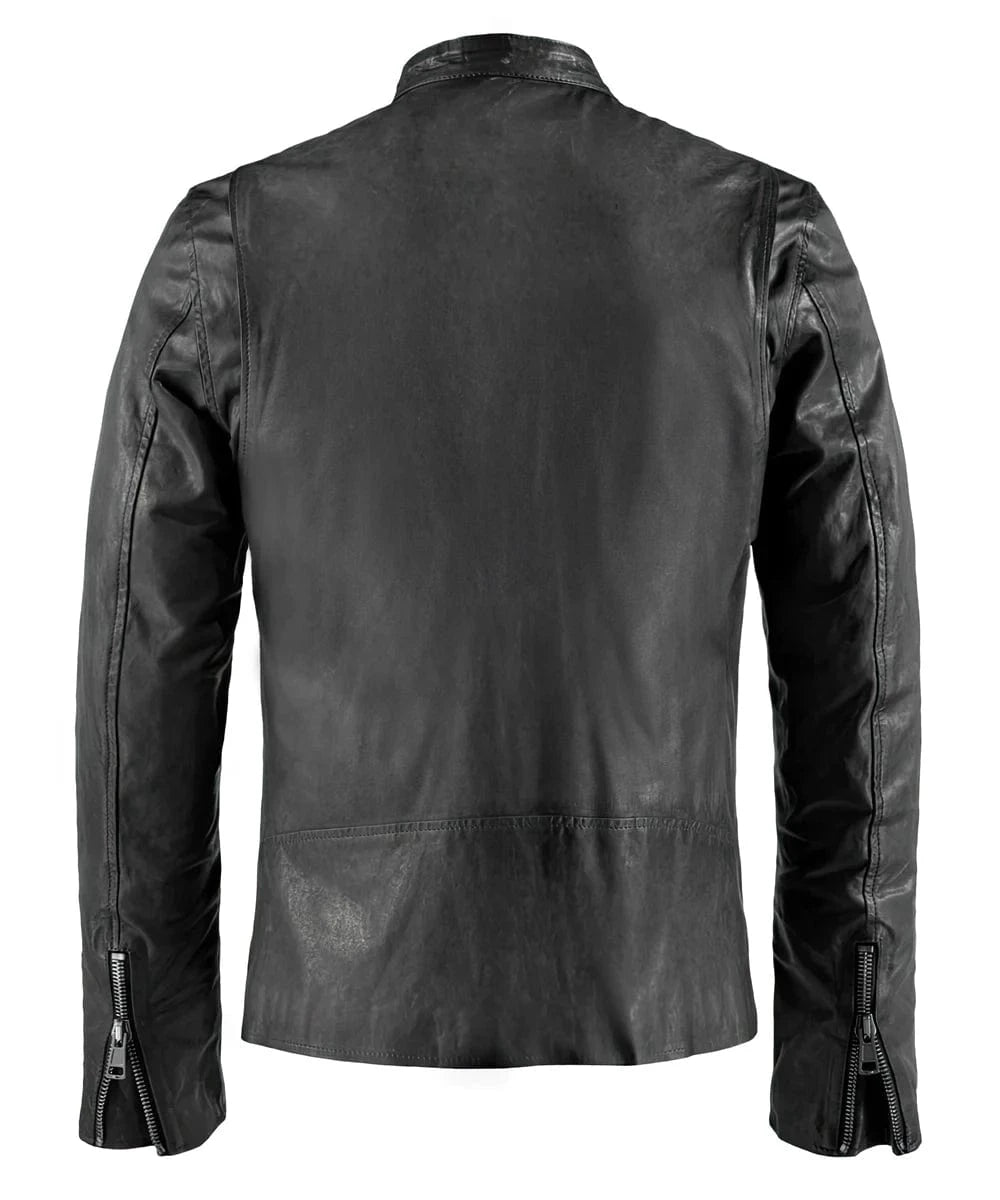Back view of grey cafe racer leather jacket with zip cuffs and tailored fit
