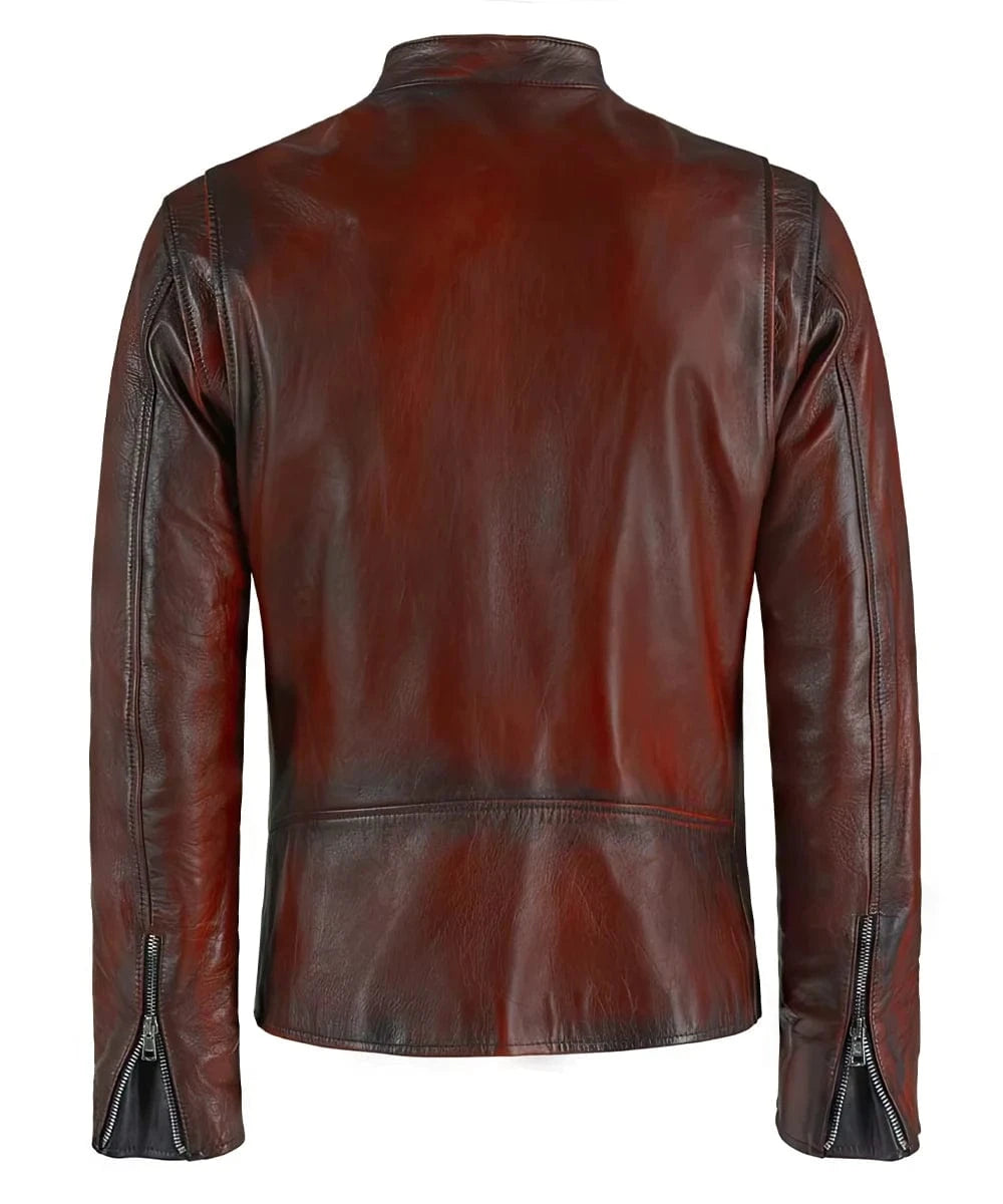 Back view of red cafe racer leather jacket with zip cuffs and tailored fit