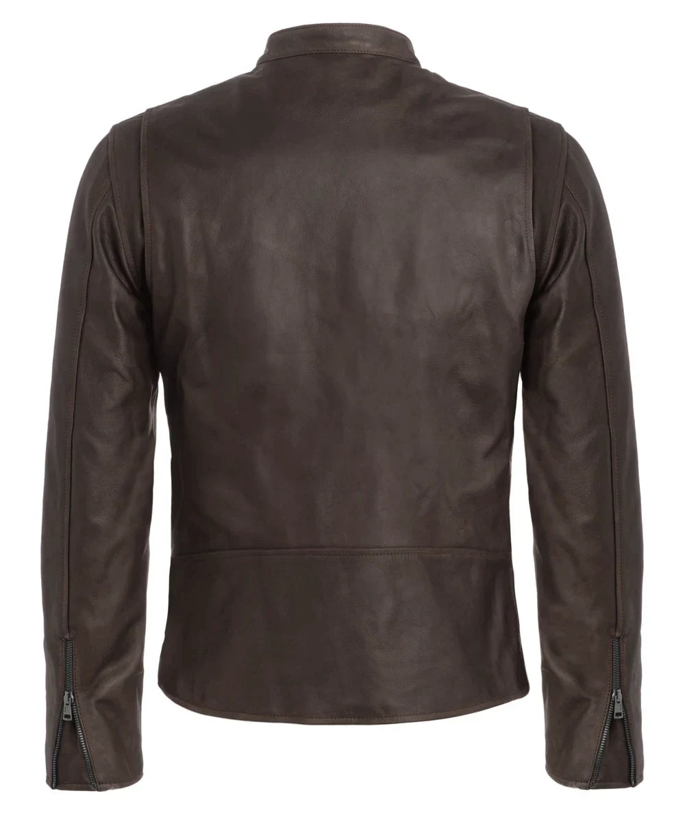 Back view of brown cafe racer calf leather jacket with zip cuffs and tailored fit