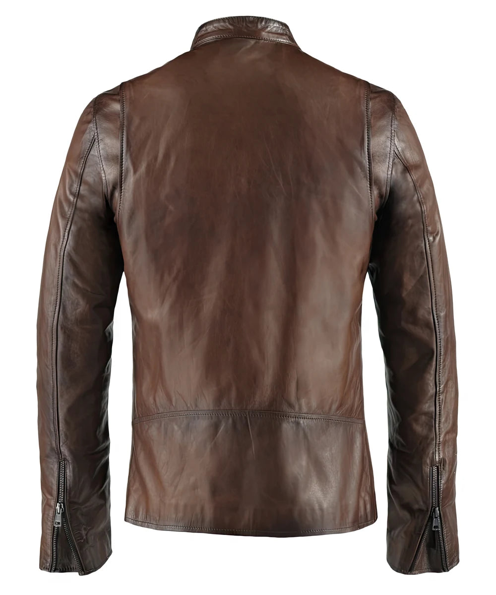 Back view of brown cafe racer leather jacket with zip cuffs and tailored fit
