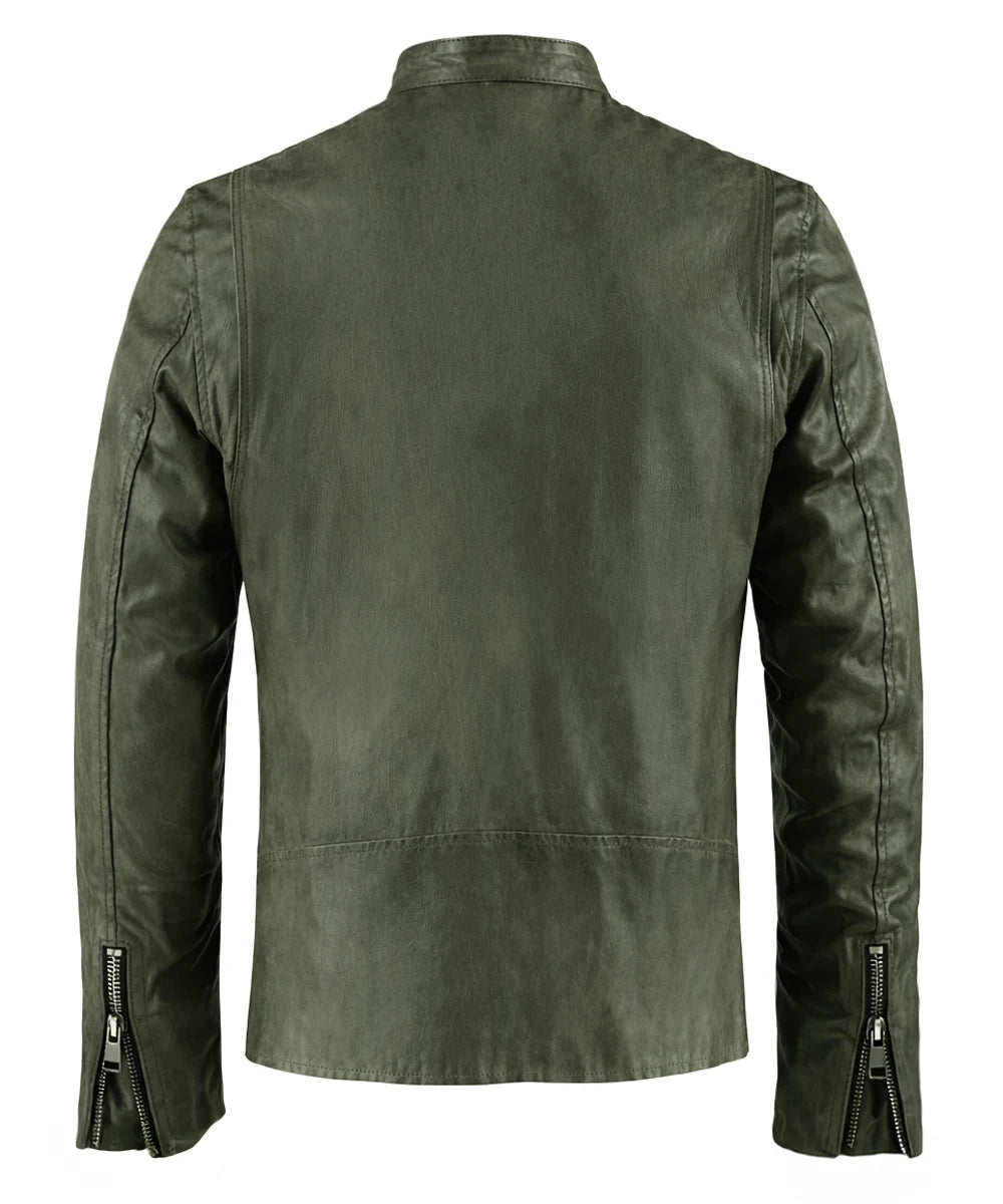 Back view of green cafe racer leather jacket with zip cuffs and slim fit