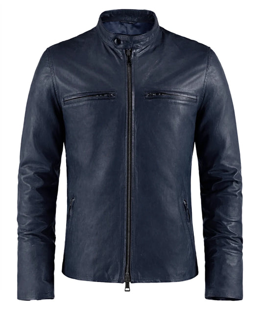 Blue cafe racer leather jacket with stand collar and zip chest pockets front view