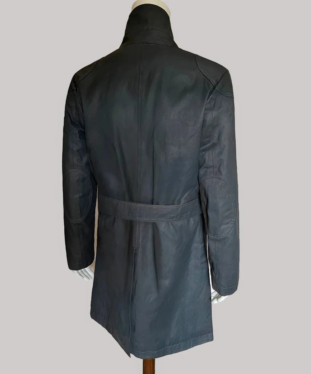 Back view of green Billy Butcher style coat with stand collar