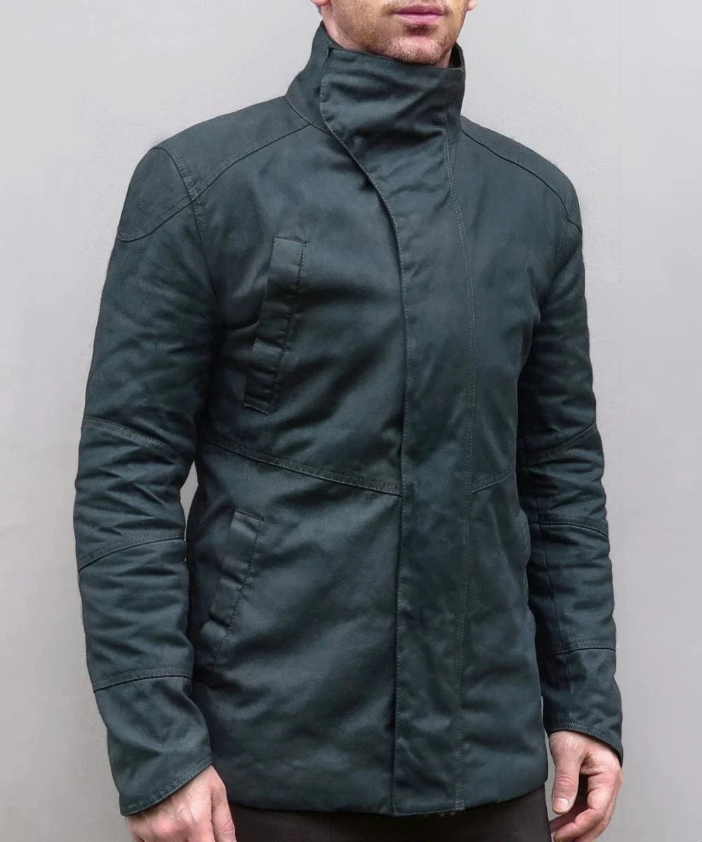 Male model wearing 2049 green jacket with high collar