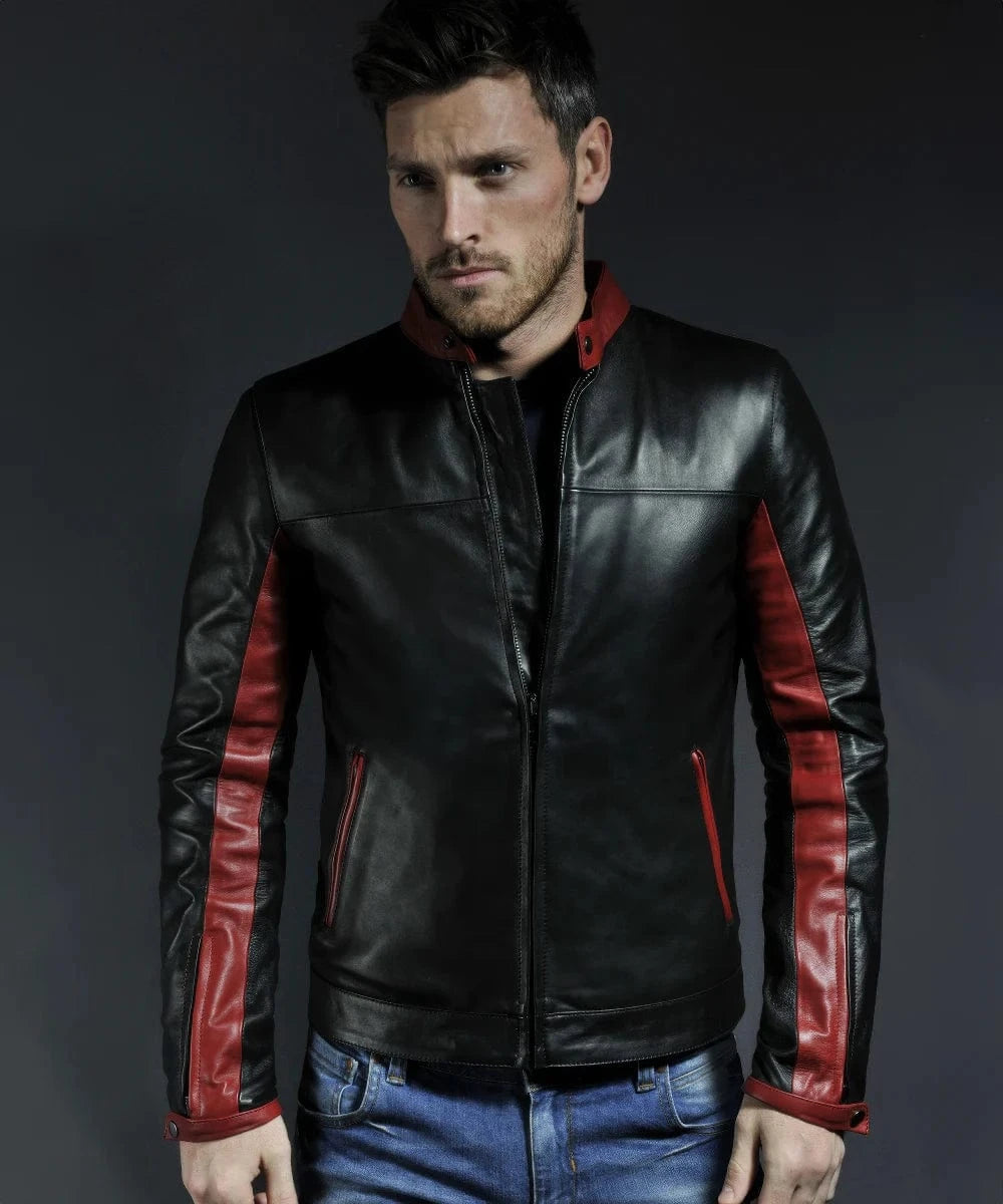 Model wearing black Crusader replica leather jacket with red sleeve panels and stand collar