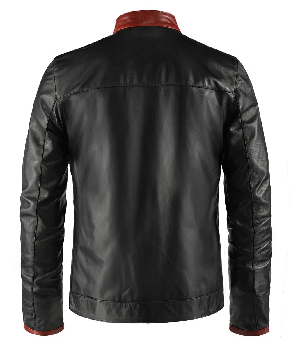 Back view of black Crusader replica leather jacket with red collar detail and tailored fit