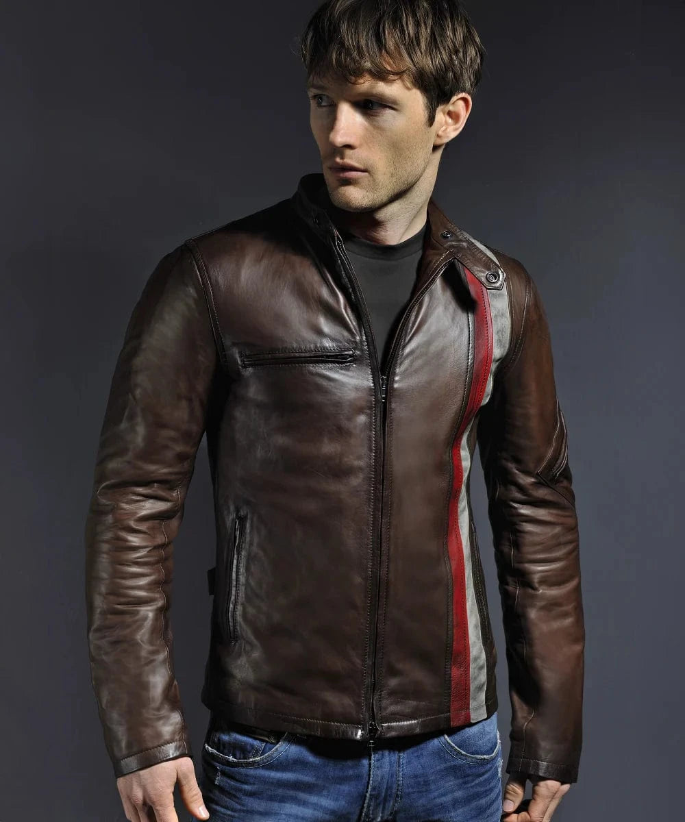 Model wearing brown Cyclops leather jacket with red and distressed white racing stripe detail with a modern slim fit.