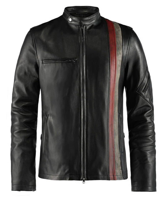 Black Cyclops leather jacket with diagonal red and white racing stripe front view