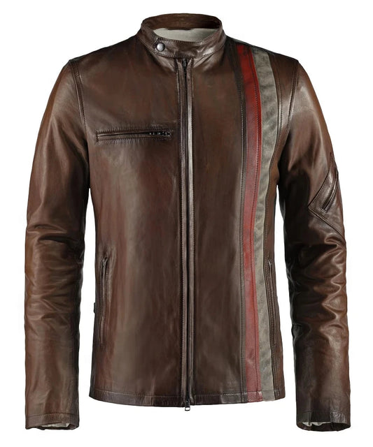 Brown Cyclops leather jacket with red and distressed white racing stripe front view