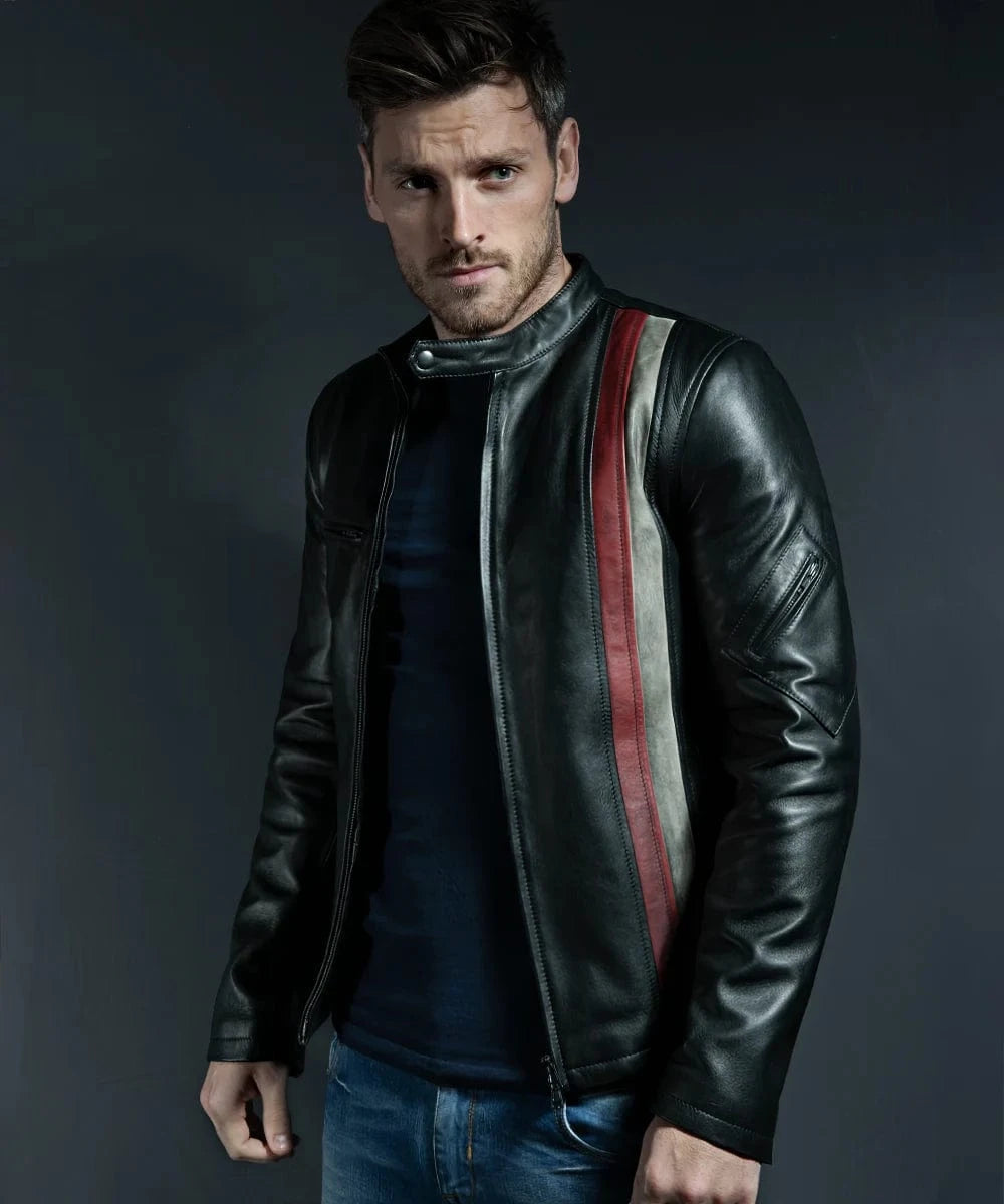 Model wearing black Cyclops replica leather jacket with red and white racing stripe detail