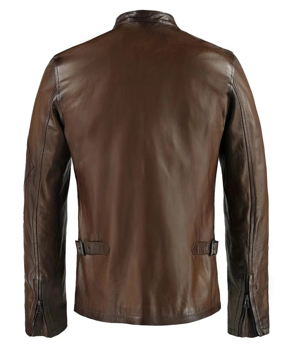 Back view of brown Cyclops replica leather jacket with zip cuffs and adjustable side tabs