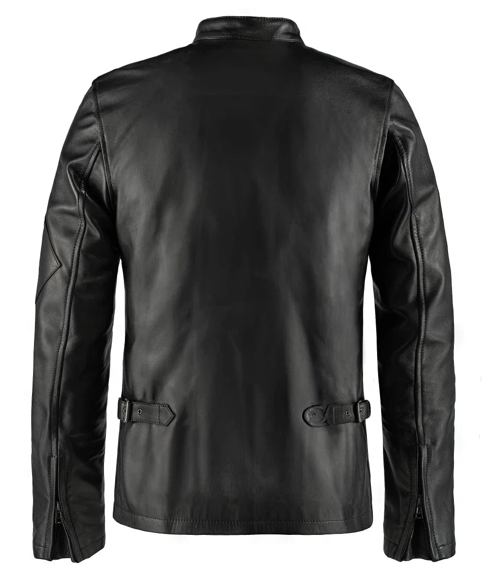 Back view of black Cyclops replica leather jacket with zip cuffs and adjustable side tabs