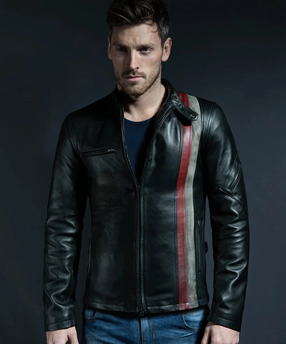 Model wearing black Cyclops replica leather jacket with red and white racing stripe detail
