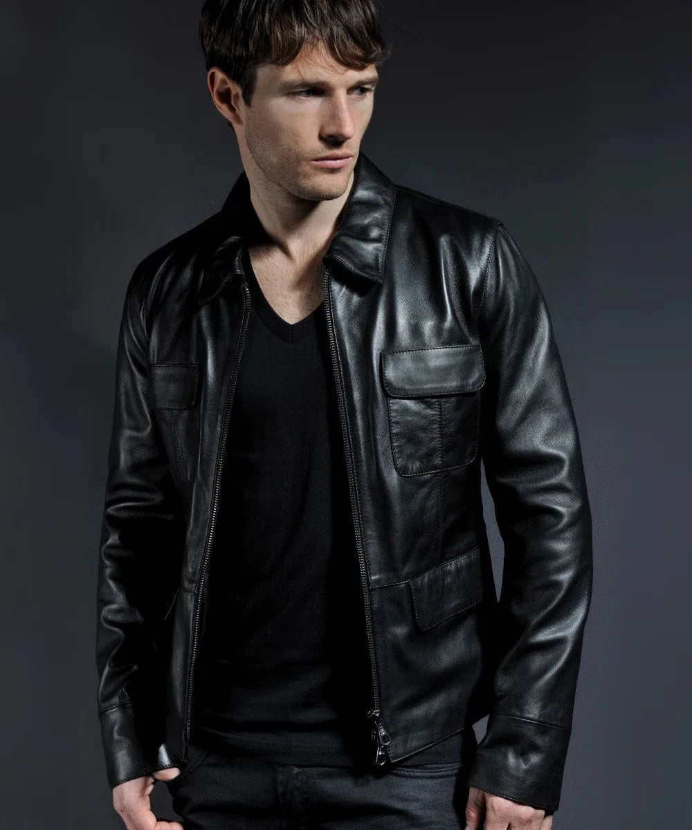 Model wearing black Damon Salvatore replica leather jacket with utility pockets and open front style