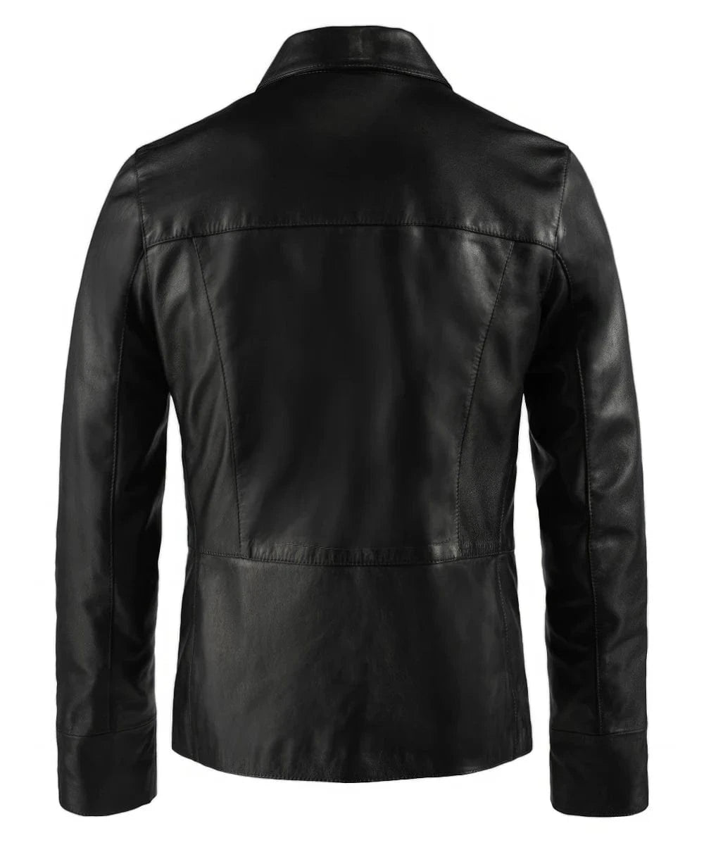 Back view of black Damon Salvatore replica leather jacket with tailored fit and clean panel design