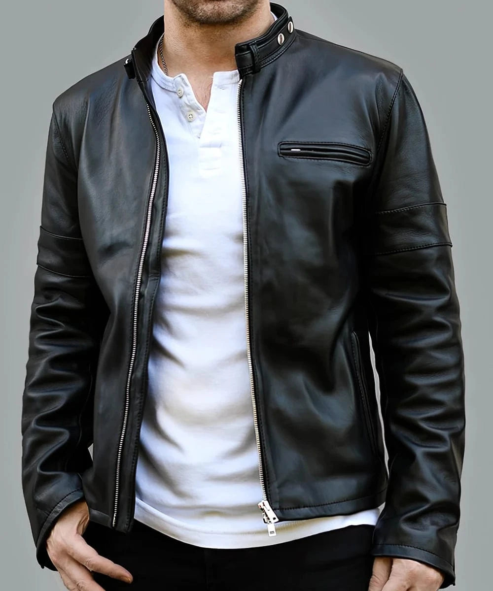 Model wearing black Daytona leather jacket with buckle collar and zip front style