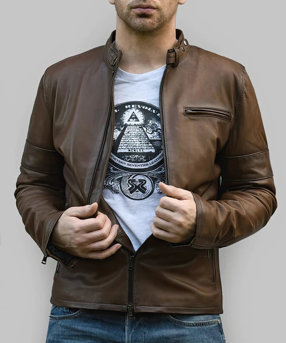Model wearing brown Daytona leather jacket with buckle collar and slim fit silhouette
