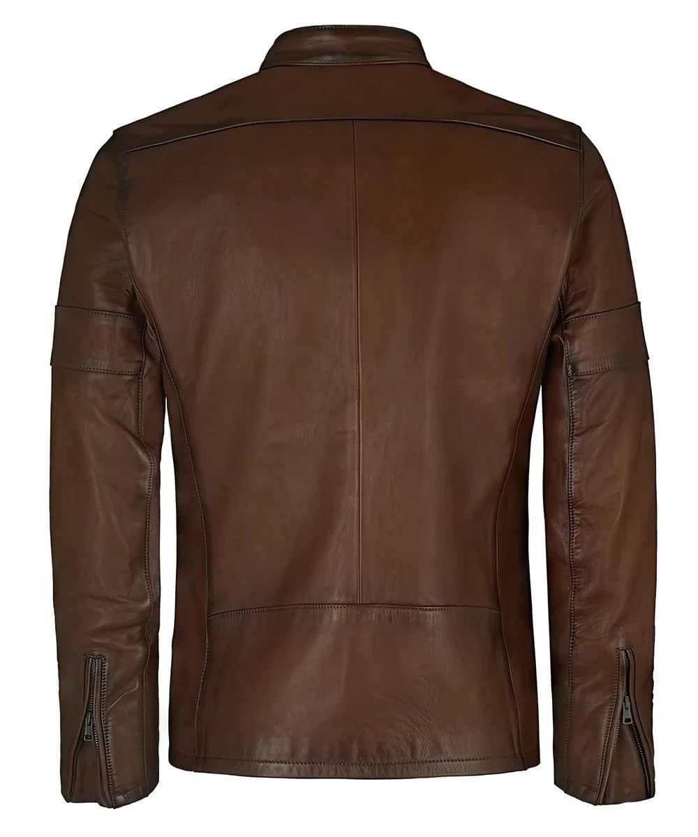 Back view of brown Daytona leather jacket with zip cuffs and slim fit design