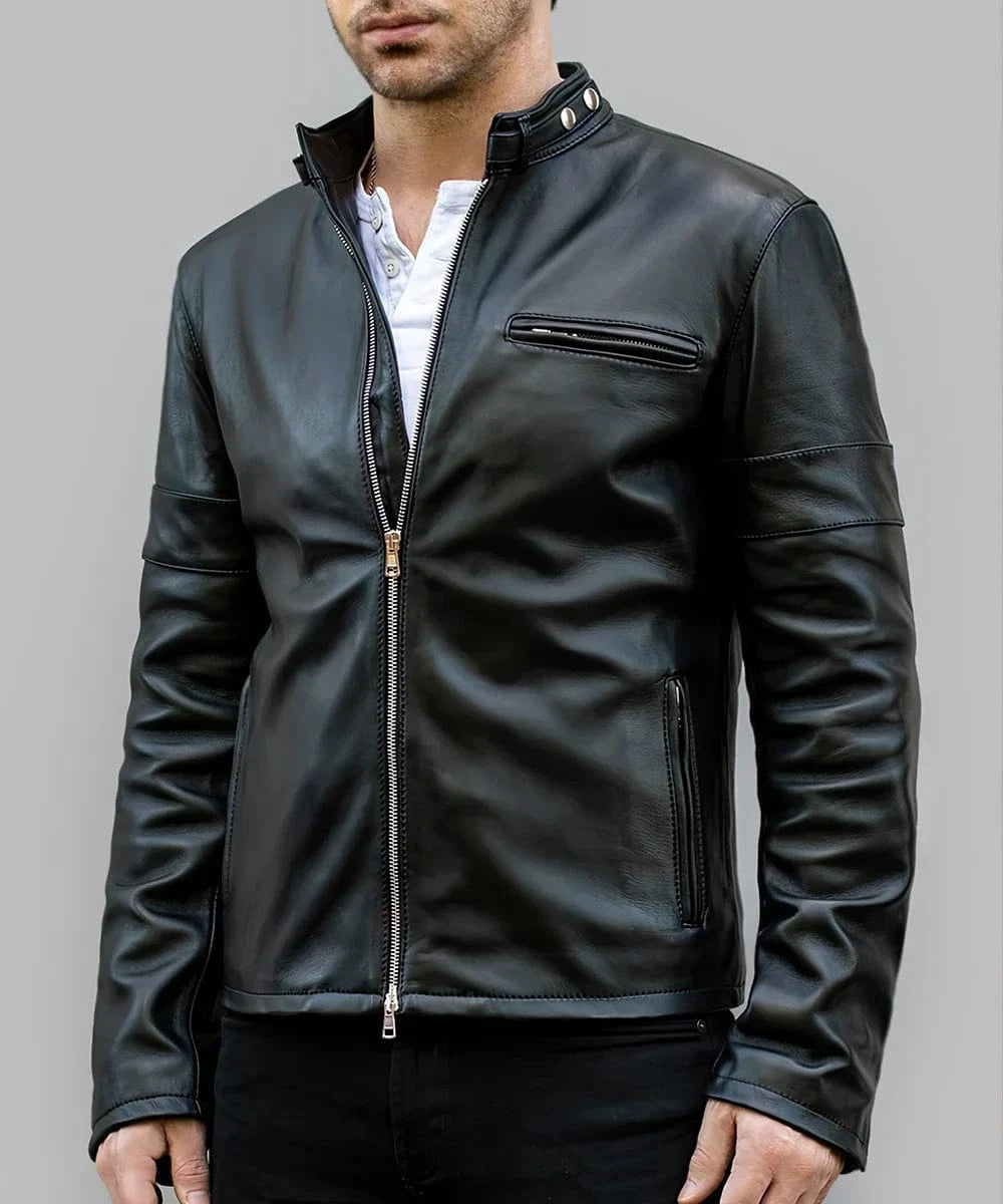 Model wearing black Daytona leather jacket with buckle collar and zip chest pocket