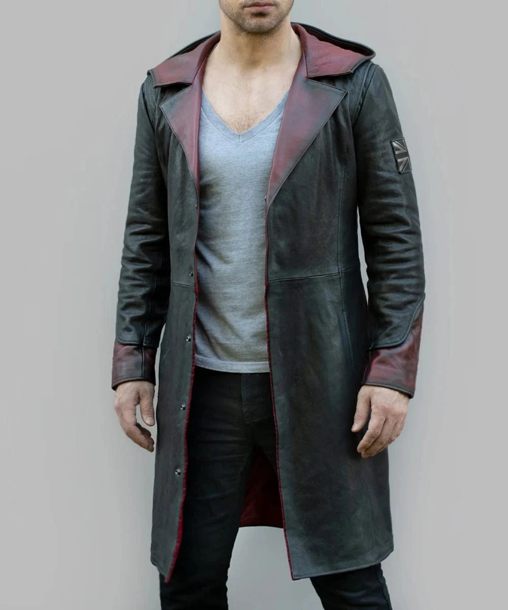 Model wearing grey and red Dante DMC5 replica leather coat with open front and wide lapels