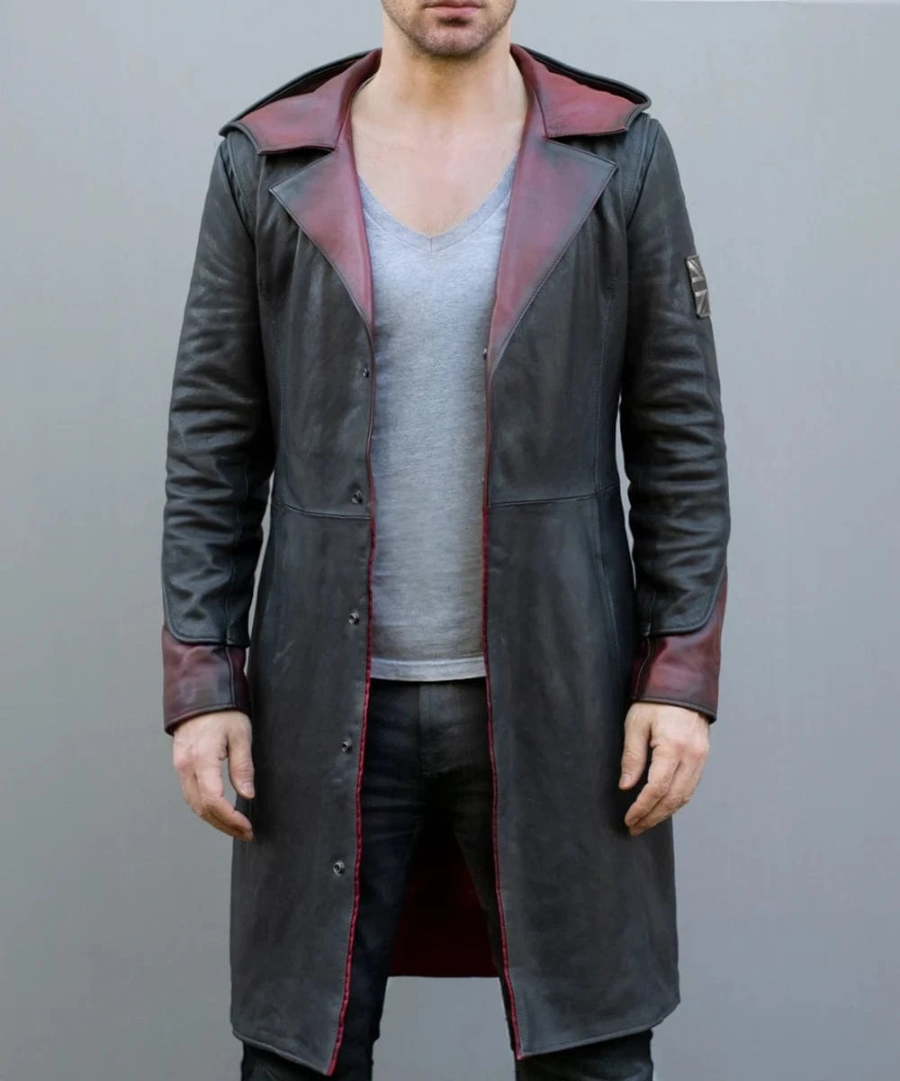 Model wearing grey and red Dante DMC5 replica leather coat with open front and wide lapels