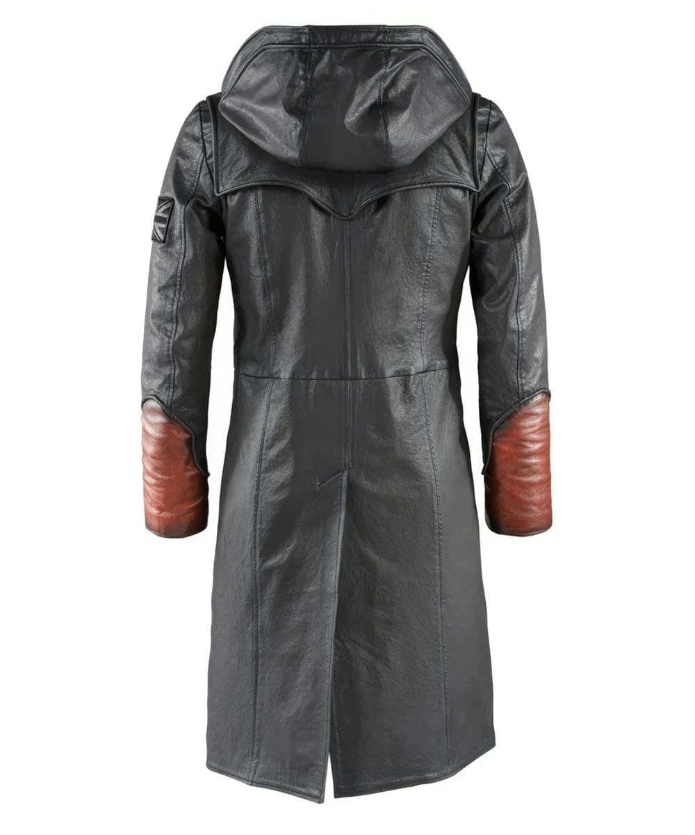 Back view of grey and red Dante DMC5 replica leather coat with hood and longline fit