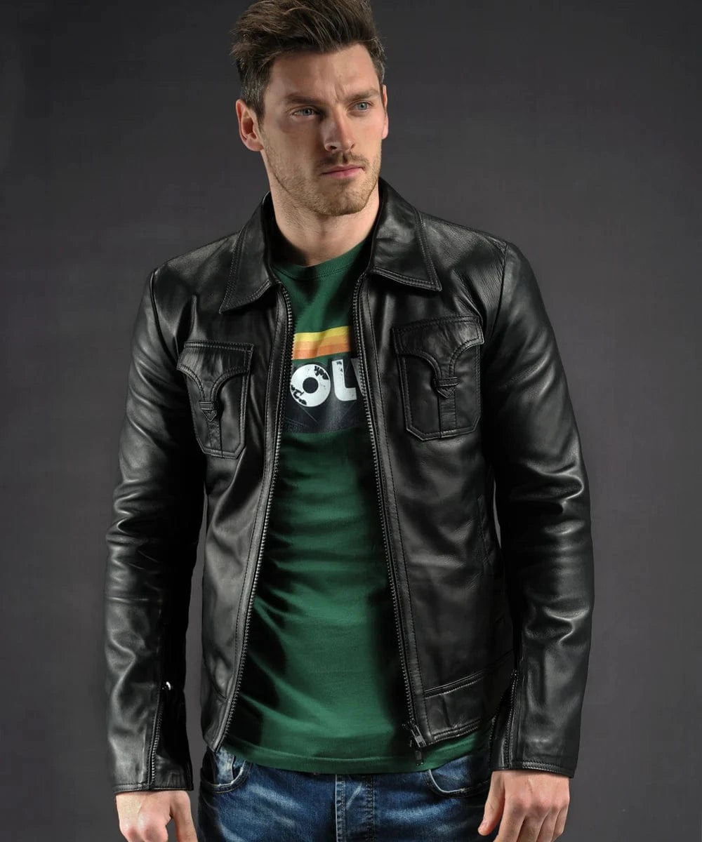 Model wearing vintage style black leather jacket with western chest pockets and zip front style