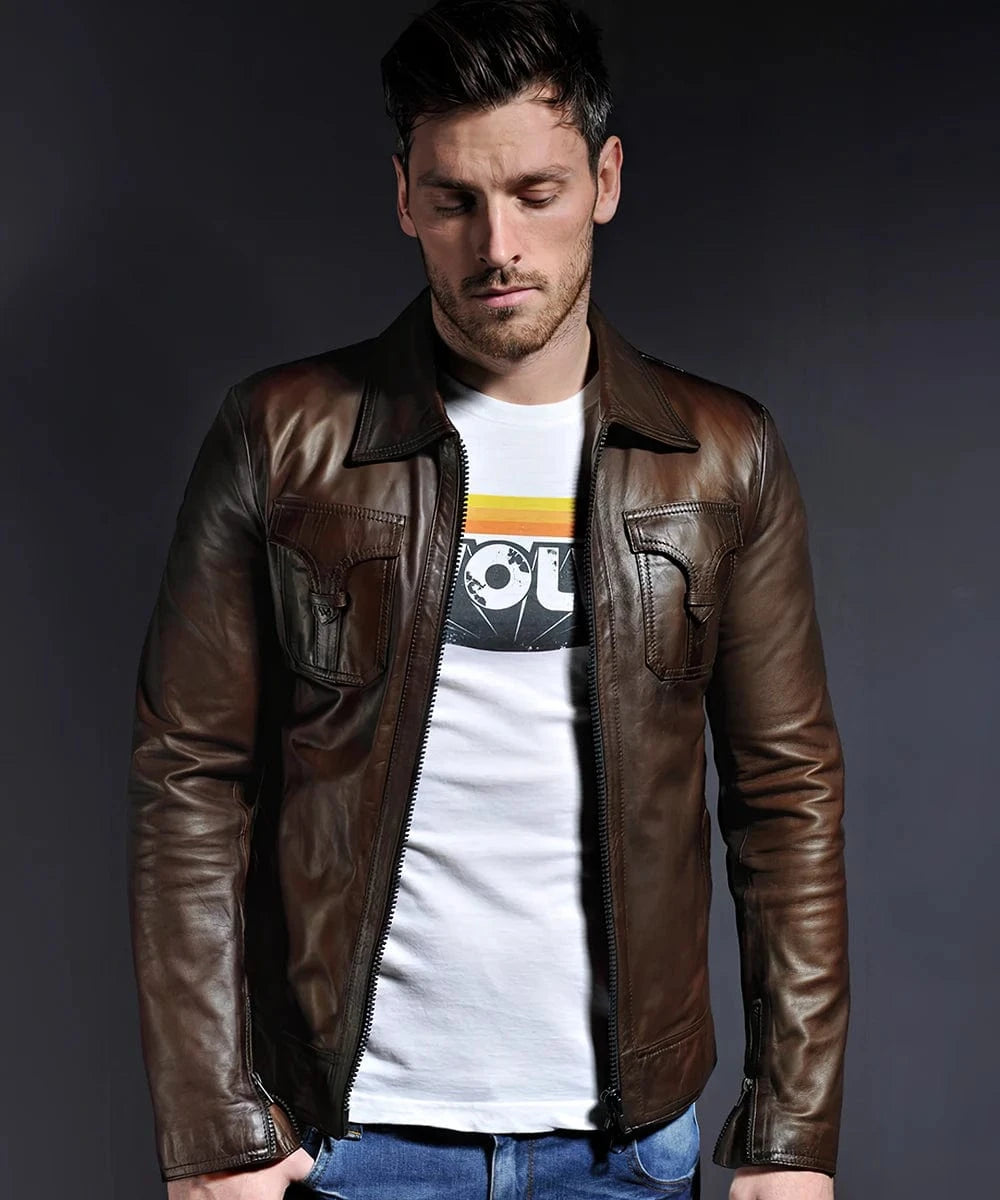 Model wearing brown vintage leather jacket for men with western chest pockets and open front slim fit style