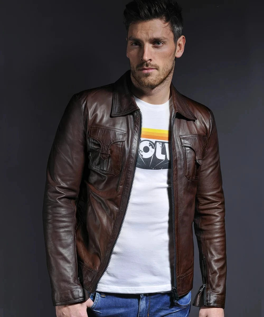 Model wearing brown vintage leather jacket for men with western chest pockets and zip front style