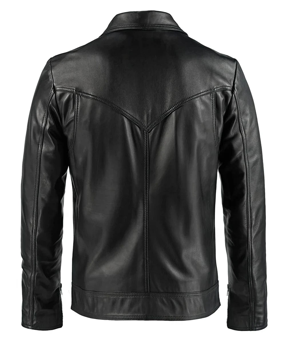 Back view of vintage style black leather jacket with western yoke detail and slim fit