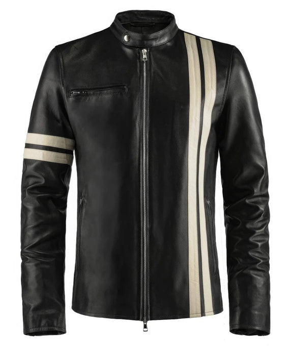 Black Driver San Francisco John Tanner leather jacket with white racing stripe detail front view