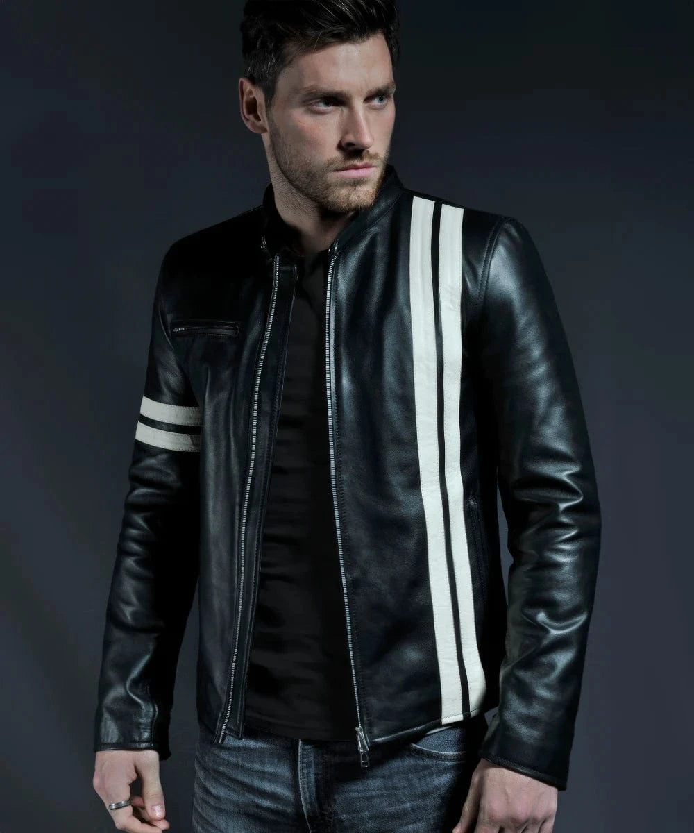 Model wearing black Driver San Francisco John Tanner replica leather jacket with white racing stripe detail