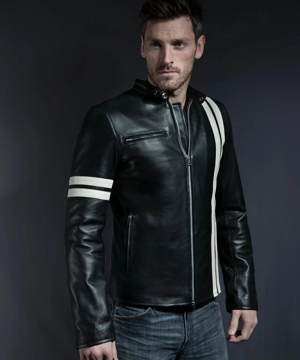 Model wearing black Driver San Francisco John Tanner replica leather jacket with white sleeve and shoulder stripe detail