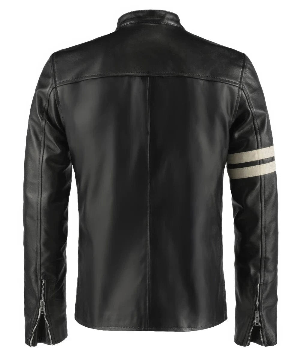 Back view of black Driver San Francisco John Tanner replica leather jacket with white sleeve stripe detail