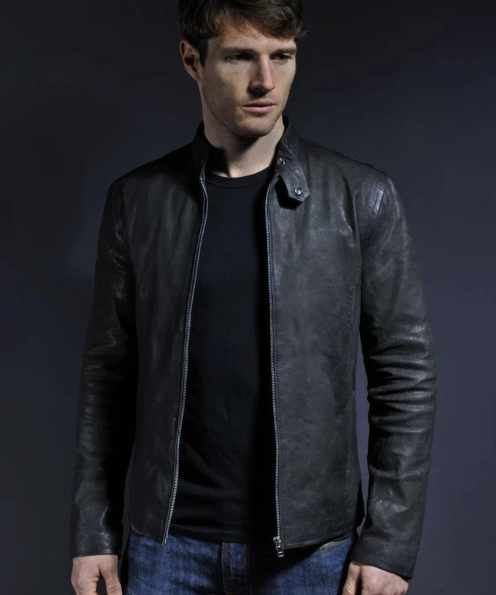 Model wearing vintage style grey leather cafe racer jacket for men with slim fit 