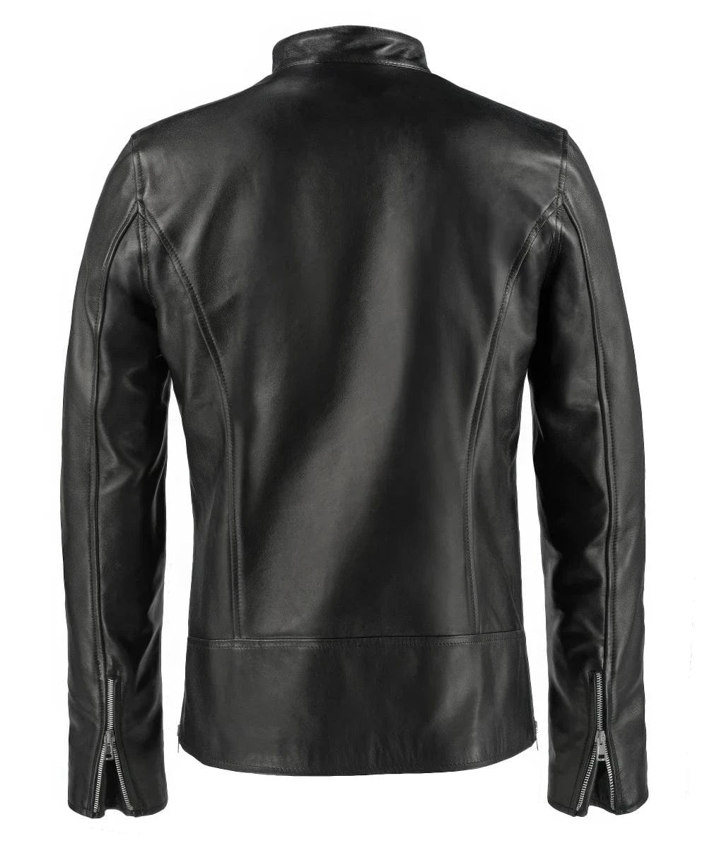 Back view of black cafe racer style leather jacket for men with curved seam detailing and slim fit
