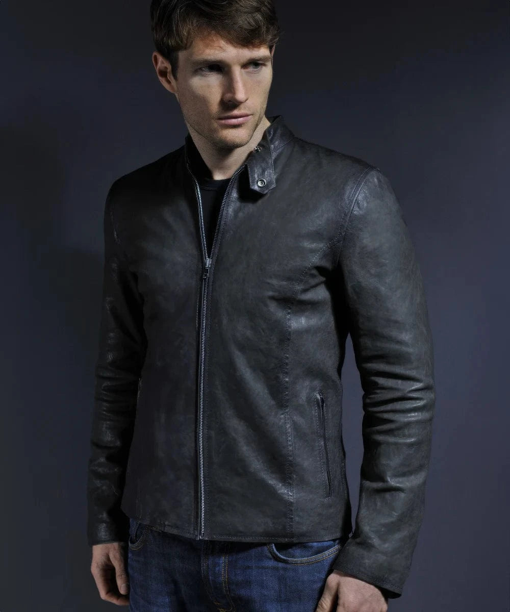 Model wearing slim fit grey leather cafe racer jacket