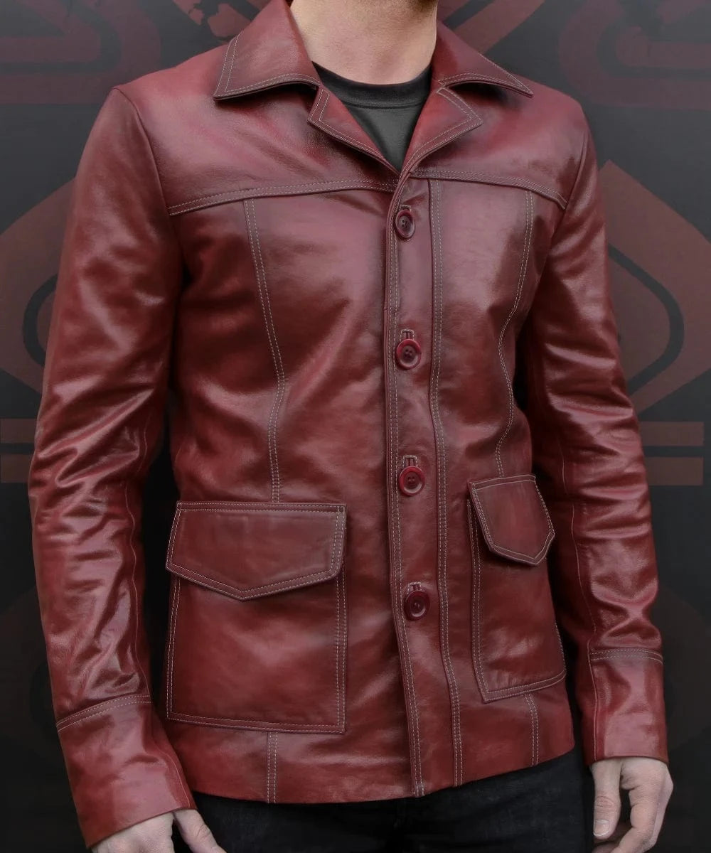 Close-up view of Fight Club Tyler Durden replica red leather jacket with antique finish and vintage button front styling