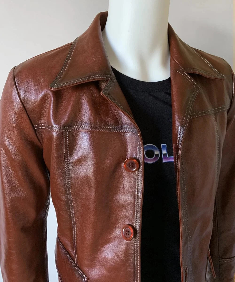 Close-up view of Fight Club Tyler Durden replica red leather jacket with antique finish and wide vintage collar detail