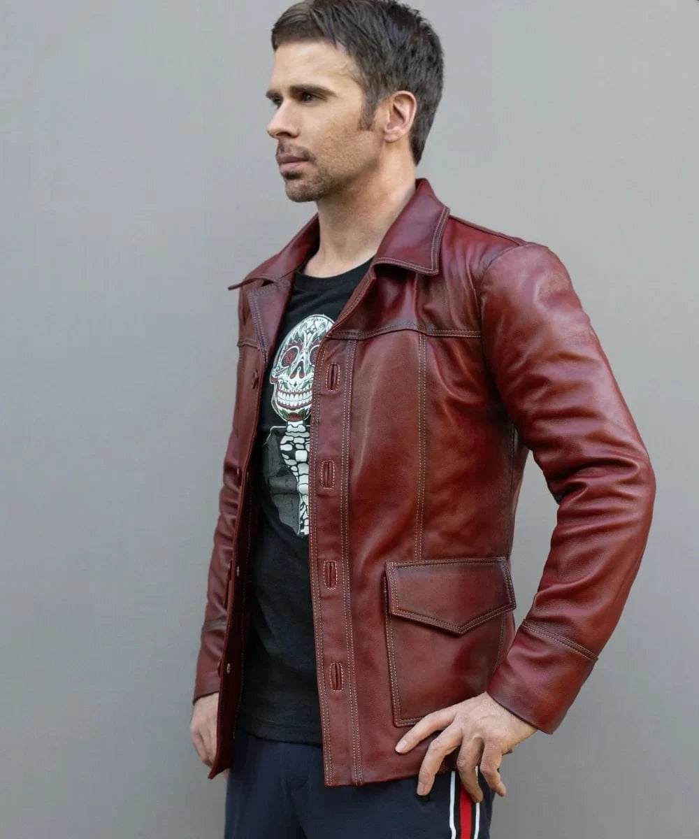 Model wearing Fight Club Tyler Durden replica red leather jacket with antique finish and vintage side profile styling