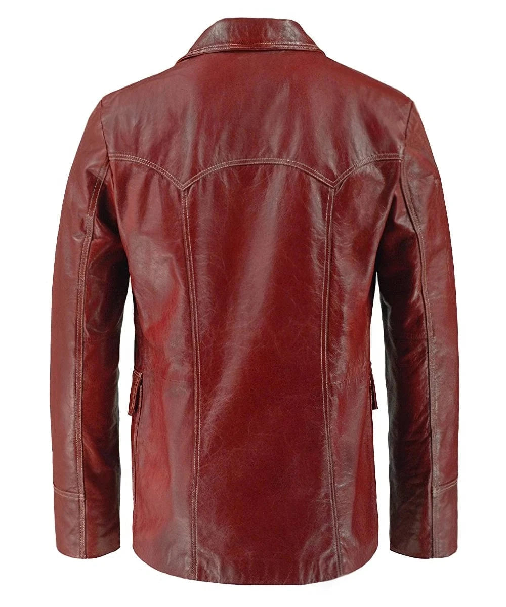 Back view of Fight Club Tyler Durden red leather jacket with vintage western yoke detail