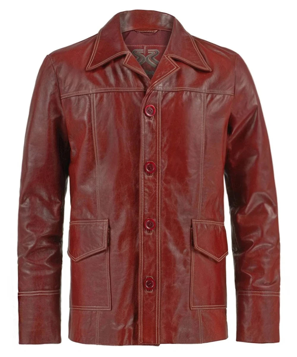 Fight Club Tyler Durden red leather jacket with vintage button front design