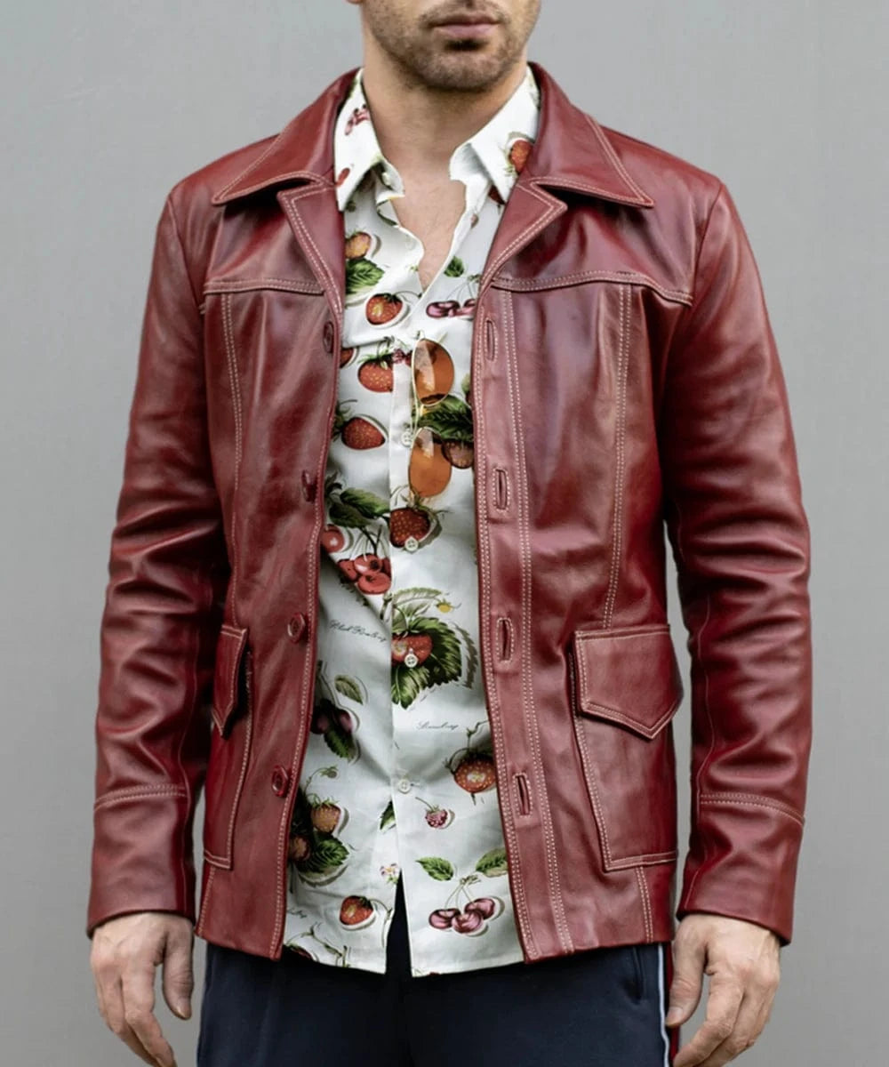 Model wearing Fight Club Tyler Durden red leather jacket with vintage button front styling and wide collar detail