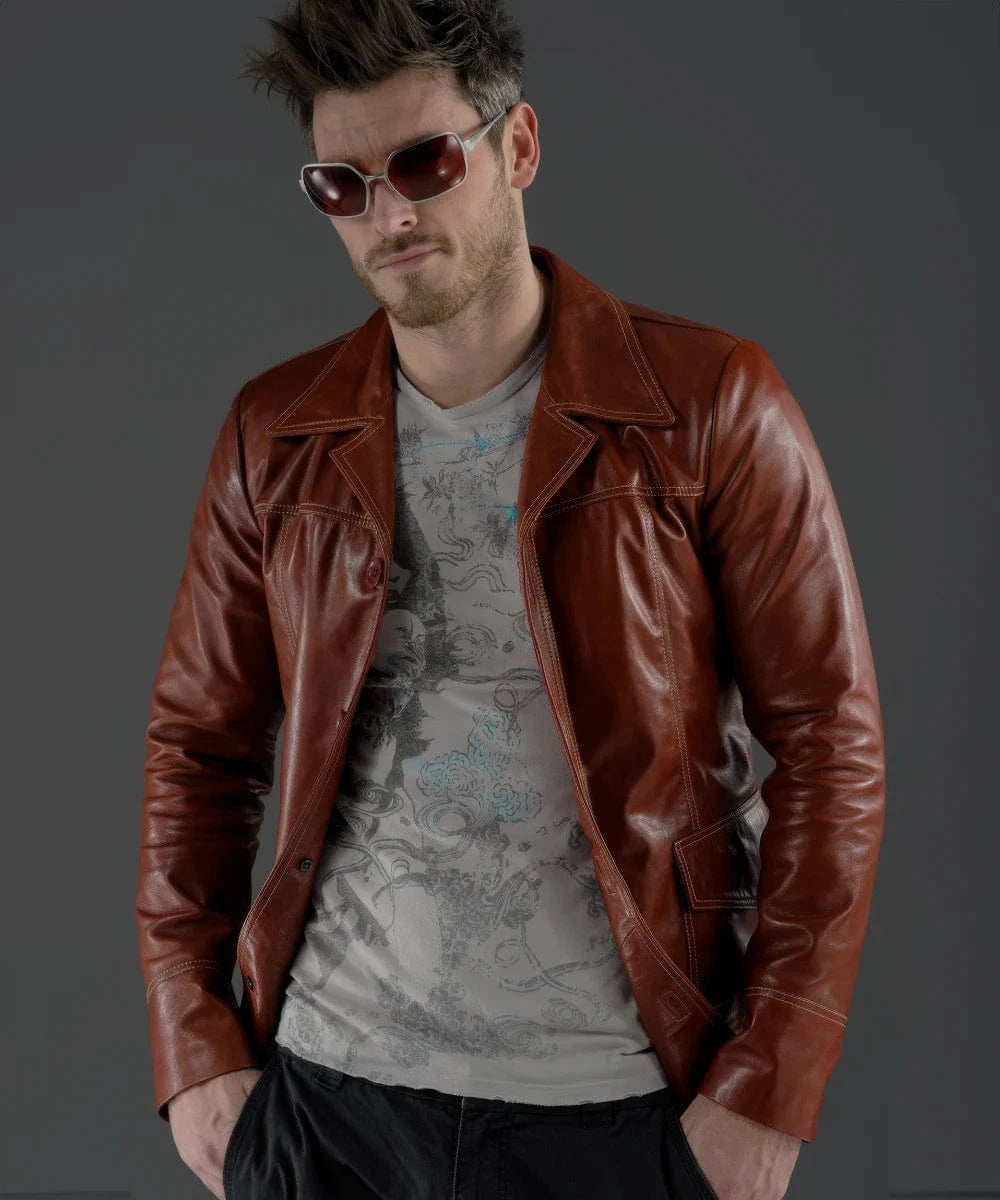 Model wearing Fight Club Tyler Durden red leather jacket with vintage open front styling and tinted sunglasses