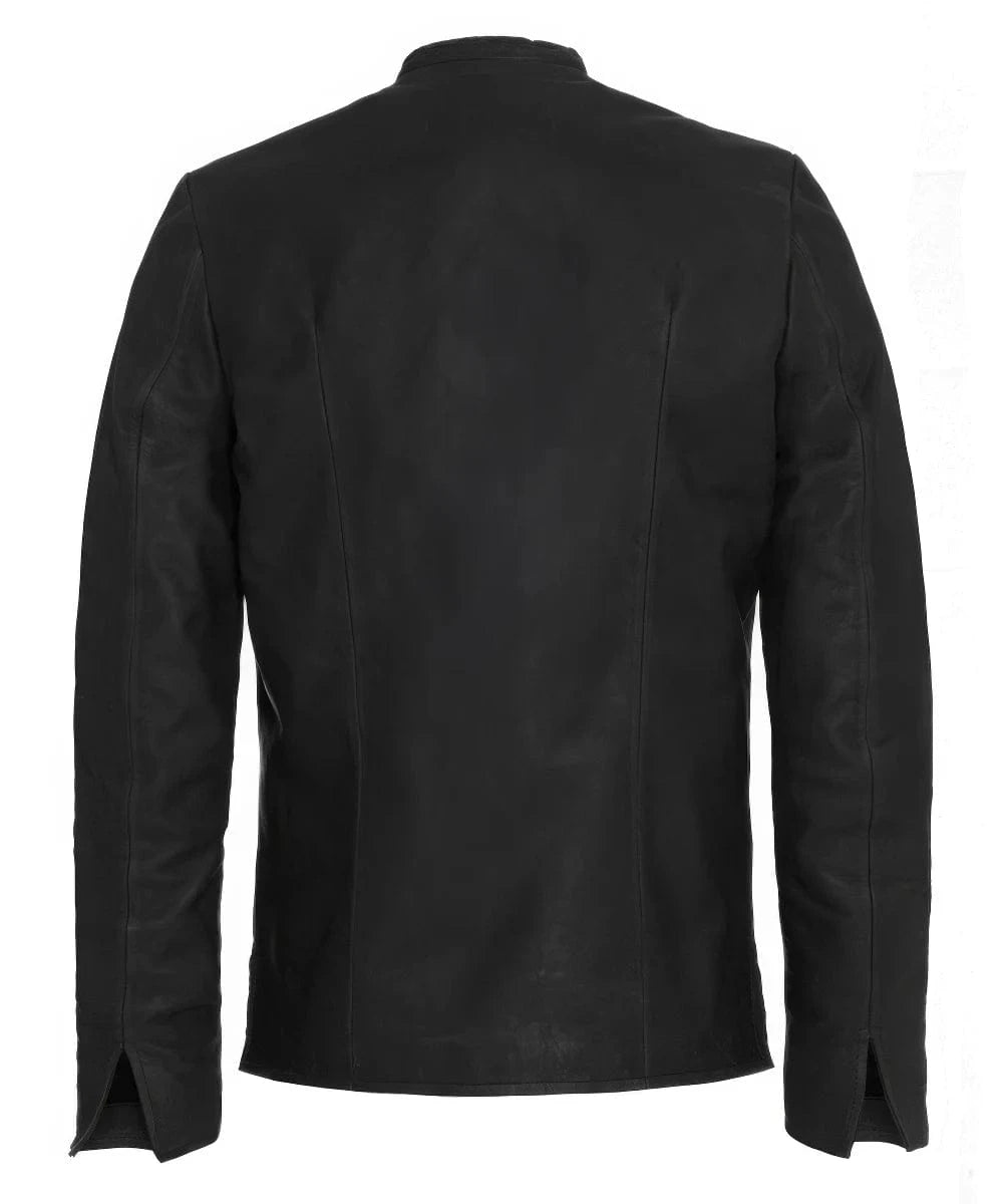 Back view of vintage slim fit black calf leather jacket with clean rear seam detailing