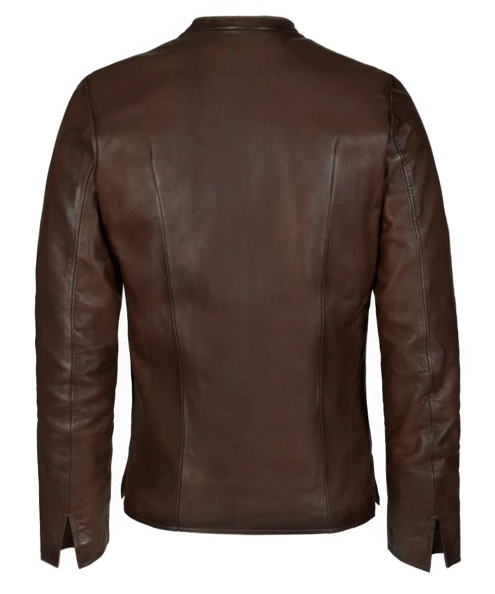 Back view of slim fit brown leather jacket with rear seam detailing