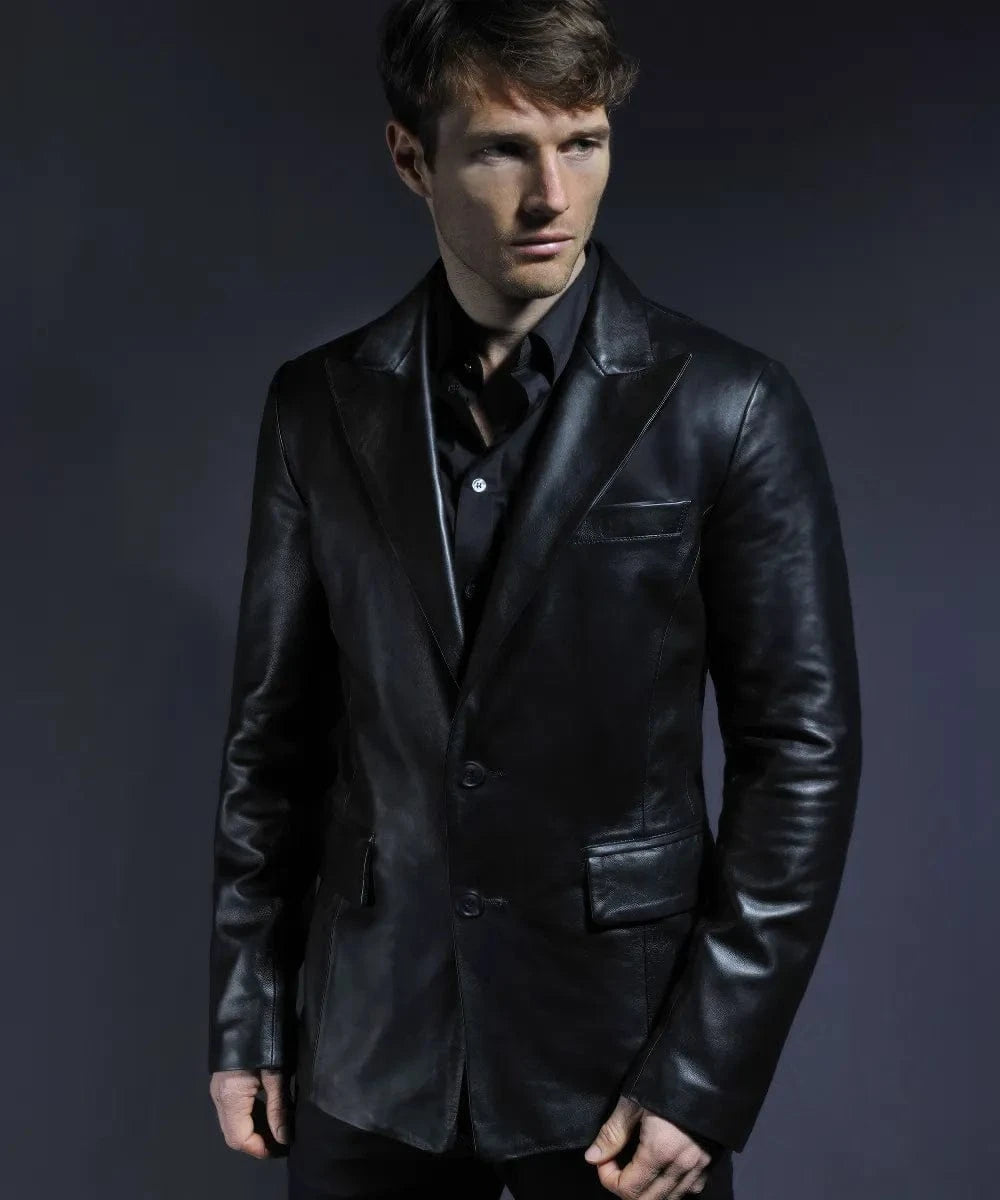 Model wearing black leather blazer with tailored fit and classic two button styling
