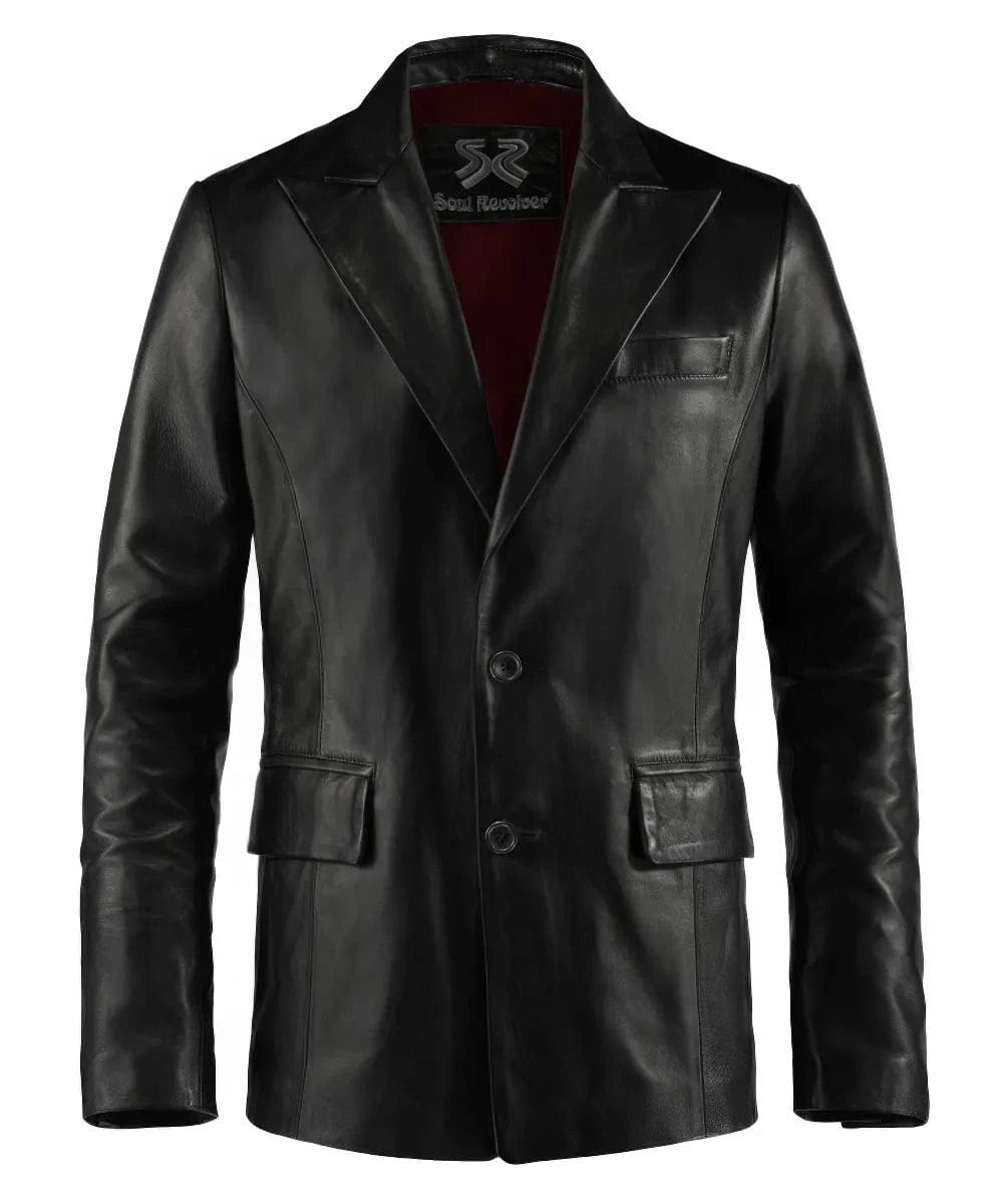 Black leather blazer for men with tailored fit and classic two button front design