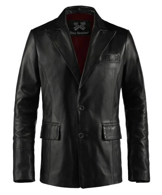 Black leather blazer for men with tailored fit and classic two button front design